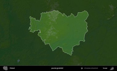 Grodziski İlçesi. Polonya 'nın idari bölgesi koyu renkli bir yükseklik haritasına vurgulandı ve özetlendi
