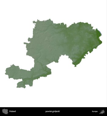Grojecki İlçesi. Polonya 'nın idari bölgesi renkli bir yükseklik haritasında beyaza izole edildi