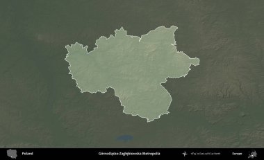 Gornoslasko-Zaglebiowska Metropoliası. Polonya 'nın idari bölgesi koyu renkli bir yükseklik haritasına vurgulandı ve özetlendi