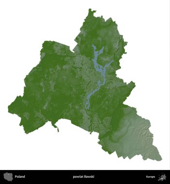 Ilawski İlçesi. Polonya 'nın idari bölgesi renkli bir yükseklik haritasında beyaza izole edildi