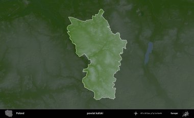 Kaliski İlçesi. Polonya 'nın idari bölgesi koyu renkli bir yükseklik haritasına vurgulandı ve özetlendi