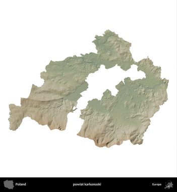 Karkonoski ilçesi. Polonya 'nın idari bölgesi renkli bir yükseklik haritasında beyaza izole edildi