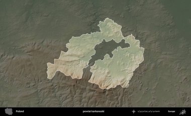 Karkonoski ilçesi. Polonya 'nın idari bölgesi koyu renkli bir yükseklik haritasına vurgulandı ve özetlendi