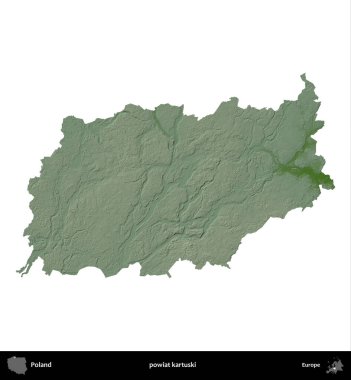Kartuski ilçesi. Polonya 'nın idari bölgesi renkli bir yükseklik haritasında beyaza izole edildi