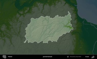 Kartuski ilçesi. Polonya 'nın idari bölgesi koyu renkli bir yükseklik haritasına vurgulandı ve özetlendi