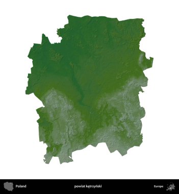 Ketrzynski İlçesi. Polonya 'nın idari bölgesi renkli bir yükseklik haritasında beyaza izole edildi