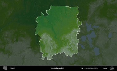 Ketrzynski İlçesi. Polonya 'nın idari bölgesi koyu renkli bir yükseklik haritasına vurgulandı ve özetlendi