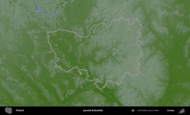 Kolnenski İlçesi. Polonya 'nın idari bölgesi renkli bir yükseklik haritasında özetlendi
