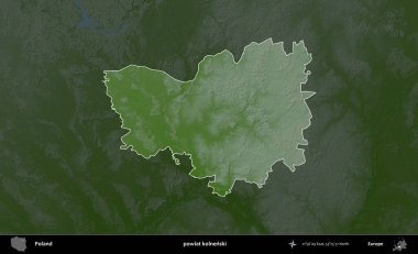 Kolnenski İlçesi. Polonya 'nın idari bölgesi koyu renkli bir yükseklik haritasına vurgulandı ve özetlendi