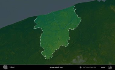 Kolobrzeski İlçesi. Polonya 'nın idari bölgesi koyu renkli bir yükseklik haritasına vurgulandı ve özetlendi