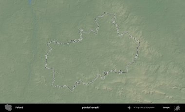 Konecki İlçesi. Polonya 'nın idari bölgesi renkli bir yükseklik haritasında özetlendi
