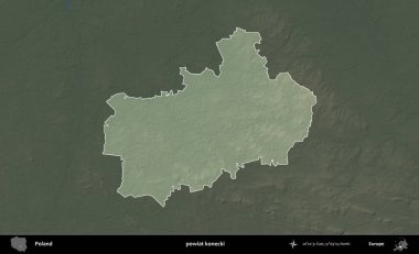 Konecki İlçesi. Polonya 'nın idari bölgesi koyu renkli bir yükseklik haritasına vurgulandı ve özetlendi