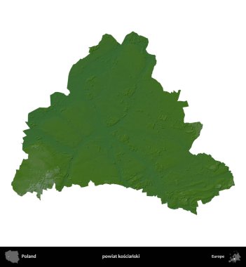 Koscianski İlçesi. Polonya 'nın idari bölgesi renkli bir yükseklik haritasında beyaza izole edildi
