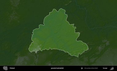 Koscianski İlçesi. Polonya 'nın idari bölgesi koyu renkli bir yükseklik haritasına vurgulandı ve özetlendi
