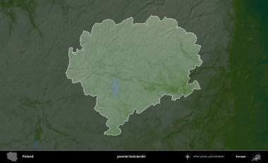 Koscierski İlçesi. Polonya 'nın idari bölgesi koyu renkli bir yükseklik haritasına vurgulandı ve özetlendi