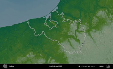 Koszalinski İlçesi. Polonya 'nın idari bölgesi renkli bir yükseklik haritasında özetlendi