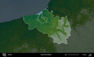 Koszalinski İlçesi. Polonya 'nın idari bölgesi koyu renkli bir yükseklik haritasına vurgulandı ve özetlendi