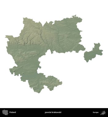 Krakowski İlçesi. Polonya 'nın idari bölgesi renkli bir yükseklik haritasında beyaza izole edildi