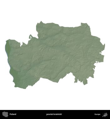 Krasnicki İlçesi. Polonya 'nın idari bölgesi renkli bir yükseklik haritasında beyaza izole edildi