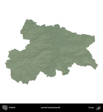 Krasnostawski İlçesi. Polonya 'nın idari bölgesi renkli bir yükseklik haritasında beyaza izole edildi