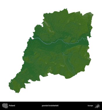 Krosnienski İlçesi. Polonya 'nın idari bölgesi renkli bir yükseklik haritasında beyaza izole edildi