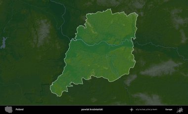 Krosnienski İlçesi. Polonya 'nın idari bölgesi koyu renkli bir yükseklik haritasına vurgulandı ve özetlendi
