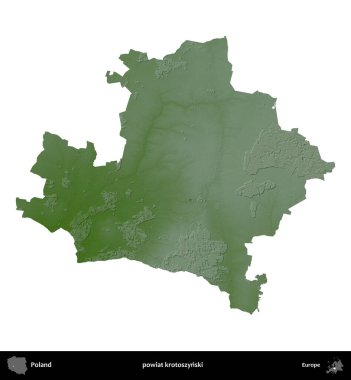 Krotoszynski İlçesi. Polonya 'nın idari bölgesi renkli bir yükseklik haritasında beyaza izole edildi