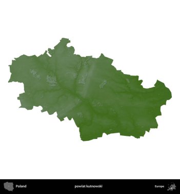 Kutnowski İlçesi. Polonya 'nın idari bölgesi renkli bir yükseklik haritasında beyaza izole edildi