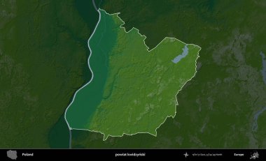 Kwidzynski İlçesi. Polonya 'nın idari bölgesi koyu renkli bir yükseklik haritasına vurgulandı ve özetlendi