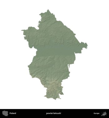 Lancucki ilçesi. Polonya 'nın idari bölgesi renkli bir yükseklik haritasında beyaza izole edildi