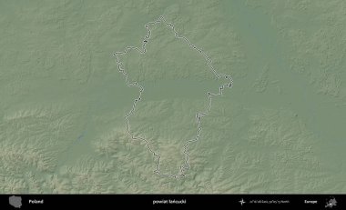 Lancucki ilçesi. Polonya 'nın idari bölgesi renkli bir yükseklik haritasında özetlendi