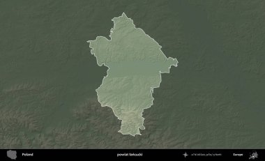 Lancucki ilçesi. Polonya 'nın idari bölgesi koyu renkli bir yükseklik haritasına vurgulandı ve özetlendi