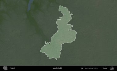 Laski ilçesi. Polonya 'nın idari bölgesi koyu renkli bir yükseklik haritasına vurgulandı ve özetlendi
