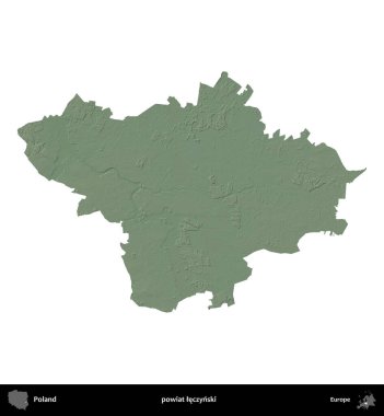 Leczynski İlçesi. Polonya 'nın idari bölgesi renkli bir yükseklik haritasında beyaza izole edildi
