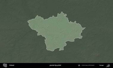Leczynski İlçesi. Polonya 'nın idari bölgesi koyu renkli bir yükseklik haritasına vurgulandı ve özetlendi