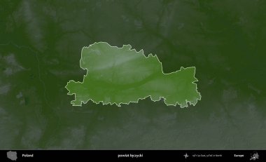 Leczycki İlçesi. Polonya 'nın idari bölgesi koyu renkli bir yükseklik haritasına vurgulandı ve özetlendi