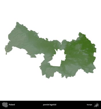 Legnicki İlçesi. Polonya 'nın idari bölgesi renkli bir yükseklik haritasında beyaza izole edildi