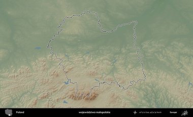 Malopolskie Eyaleti. Polonya 'nın idari bölgesi renkli bir yükseklik haritasında özetlendi