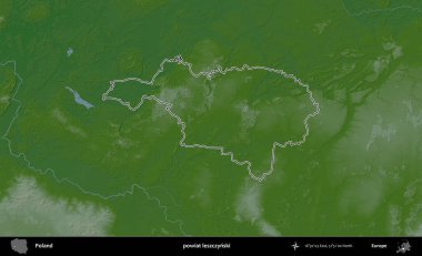 Leszczynski İlçesi. Polonya 'nın idari bölgesi renkli bir yükseklik haritasında özetlendi
