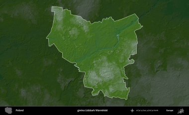 Lidzbark Warminski Komünü. Polonya 'nın idari bölgesi koyu renkli bir yükseklik haritasına vurgulandı ve özetlendi