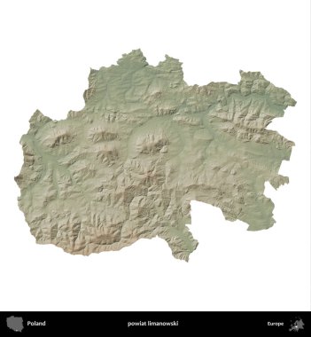 Limanowski ilçesi. Polonya 'nın idari bölgesi renkli bir yükseklik haritasında beyaza izole edildi