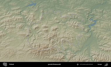 Limanowski ilçesi. Polonya 'nın idari bölgesi renkli bir yükseklik haritasında özetlendi