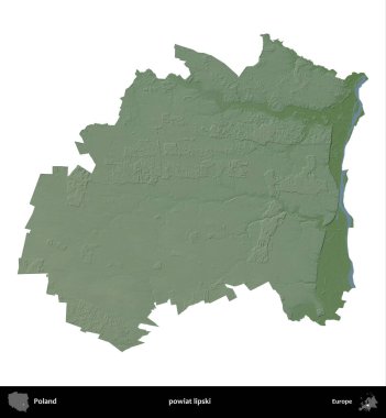 Lipski İlçesi. Polonya 'nın idari bölgesi renkli bir yükseklik haritasında beyaza izole edildi