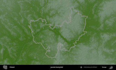Lomzynski İlçesi. Polonya 'nın idari bölgesi renkli bir yükseklik haritasında özetlendi