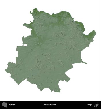 Losicki İlçesi. Polonya 'nın idari bölgesi renkli bir yükseklik haritasında beyaza izole edildi
