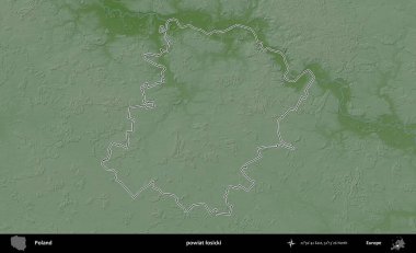 Losicki İlçesi. Polonya 'nın idari bölgesi renkli bir yükseklik haritasında özetlendi