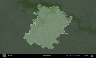 Losicki İlçesi. Polonya 'nın idari bölgesi koyu renkli bir yükseklik haritasına vurgulandı ve özetlendi
