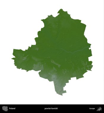 Lowicki İlçesi. Polonya 'nın idari bölgesi renkli bir yükseklik haritasında beyaza izole edildi