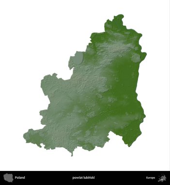 Lubinski İlçesi. Polonya 'nın idari bölgesi renkli bir yükseklik haritasında beyaza izole edildi