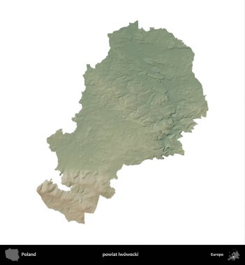 Lwowecki İlçesi. Polonya 'nın idari bölgesi renkli bir yükseklik haritasında beyaza izole edildi